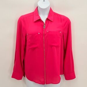 Michael Kors Hot Pink Zip Front Blouse Gold Hardware Long Sleeve Chic Work Top L